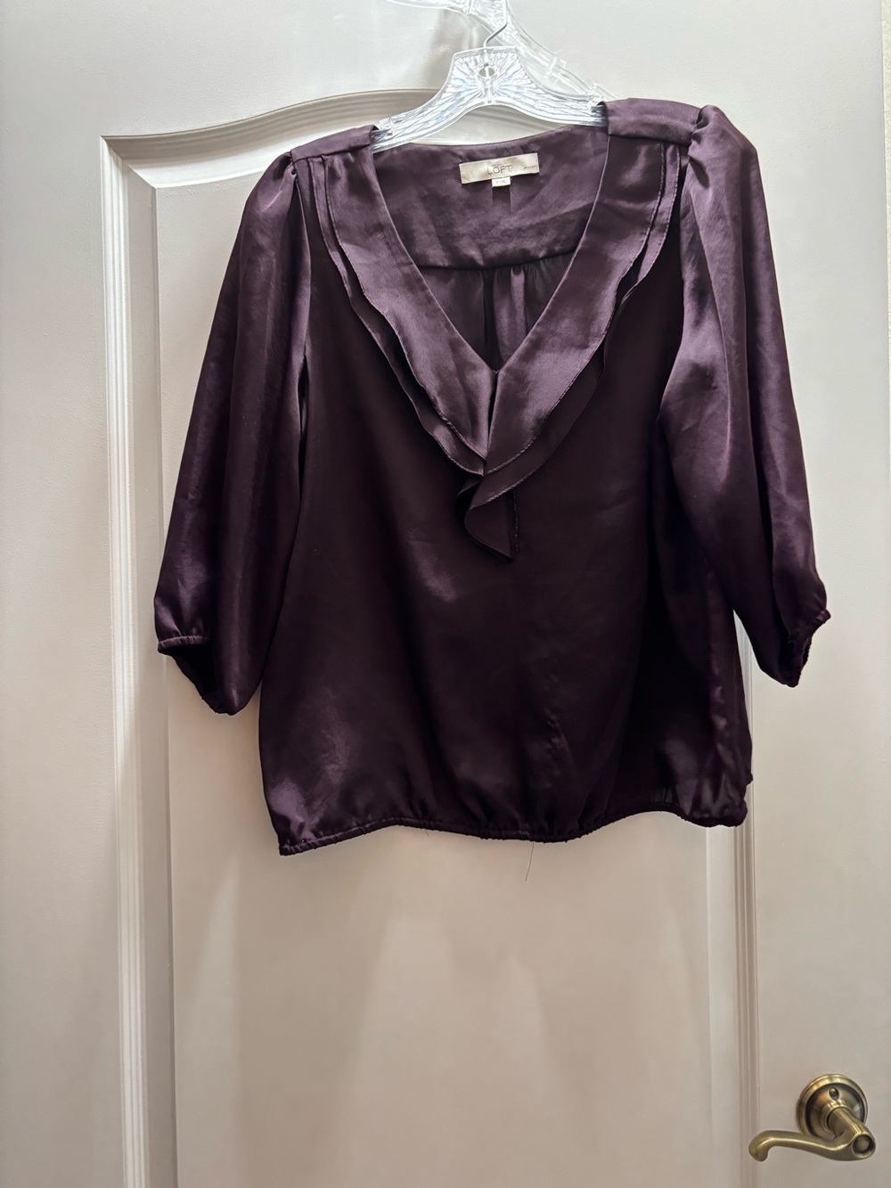 LOFT Deep Plum Satin V-Neck Ruffle Blouse